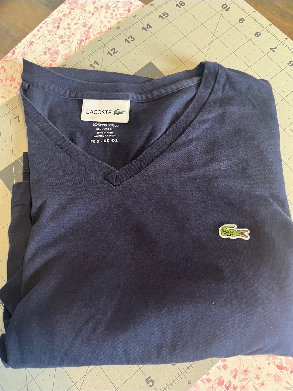 Lacoste Navy V-Neck Tee with Green Crocodile Logo